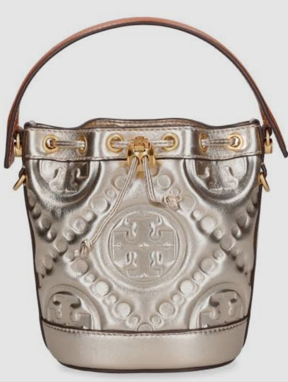 Tory Burch Mini T Monogram Metallic Bucket Bag